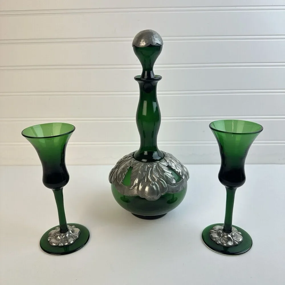 Green Genie Bottle Decanter 2 Glasses Pewter Cherry Overlay MCM Barware Vintage